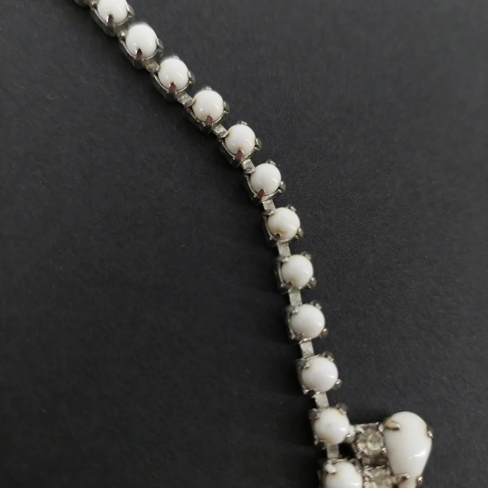 Vintage White Milk Glass Look And Clear Rhinestone Necklace